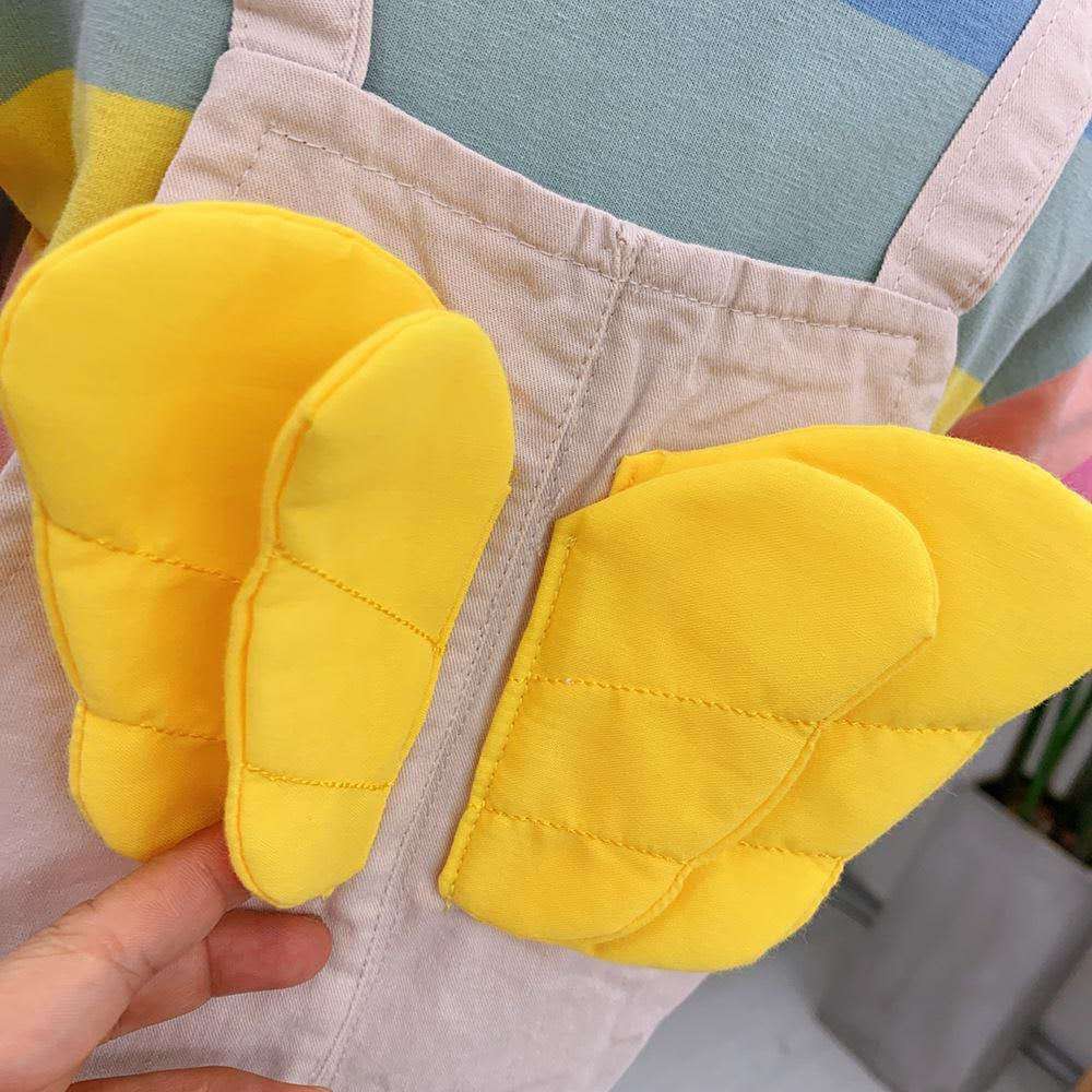 KF Cat Setelan anak perempuan jumpsuit+kaos garis garis lengan pendek sayap malaikat set anak cewek import-5