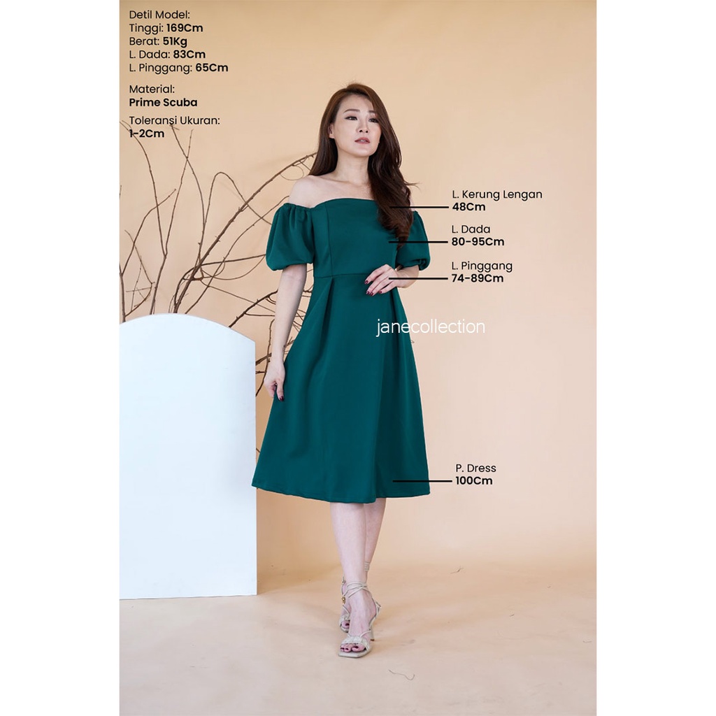 JANE COLLECTION || Midi Dress Hitam Kasual Lengan Balon Bisa dijadikan Sabrina / Square Neck Prom Night A Line Selutut Maroon Prime Scuba Night Party Pesta Kondangan OOTD Korea Pernikahan Nikah Dress Clara