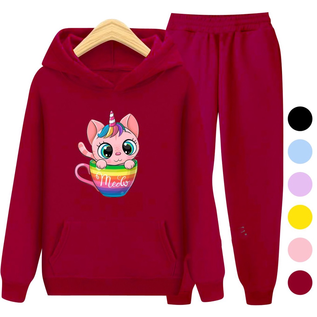 Setelan Anak Sweater Hoodie CAT MEOW / Set Anak Perempuan Baju Jaket Anak Cewek