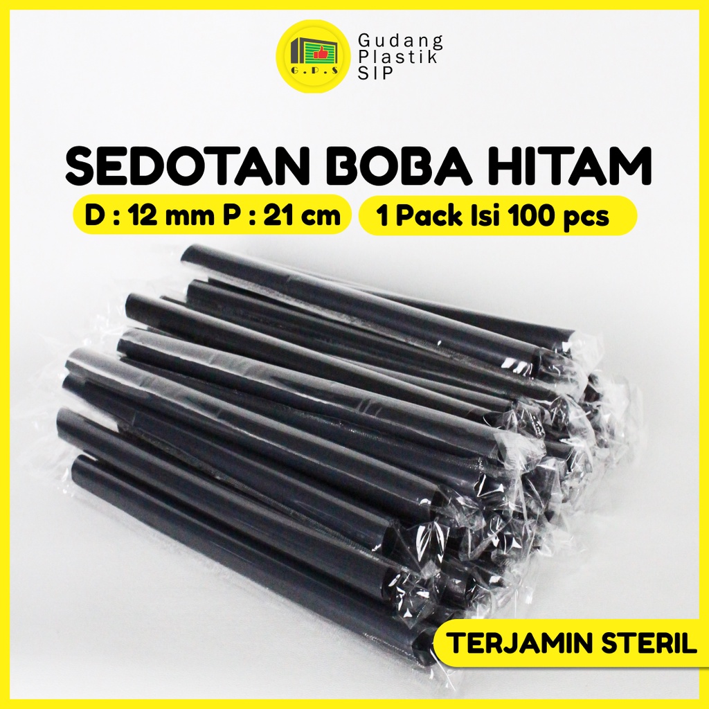 Sedotan Boba Hitam Runcing 12mm x 21cm/Higenis Steril Bungkus Plastik