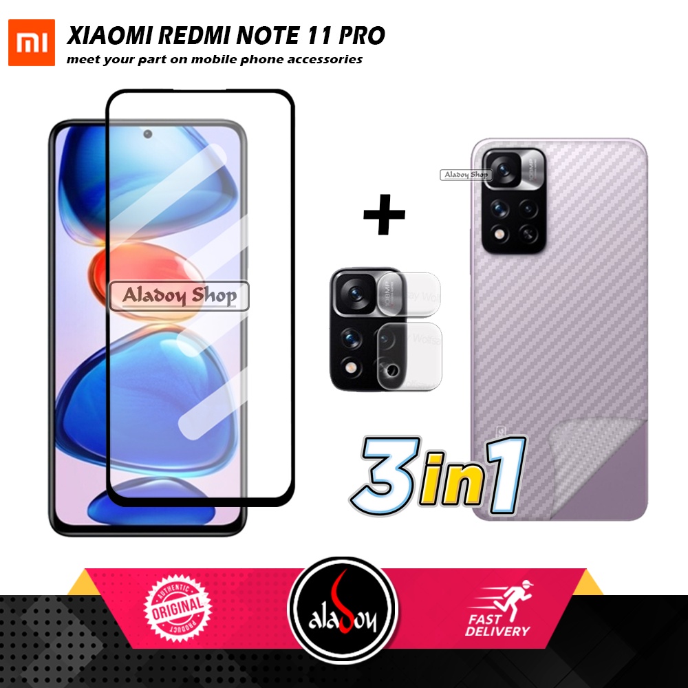 PAKET 3 IN 1 Tempered Glass Layar Xiaomi Redmi Note 11 Pro Free Tempered Glass Camera dan Skin Carbon