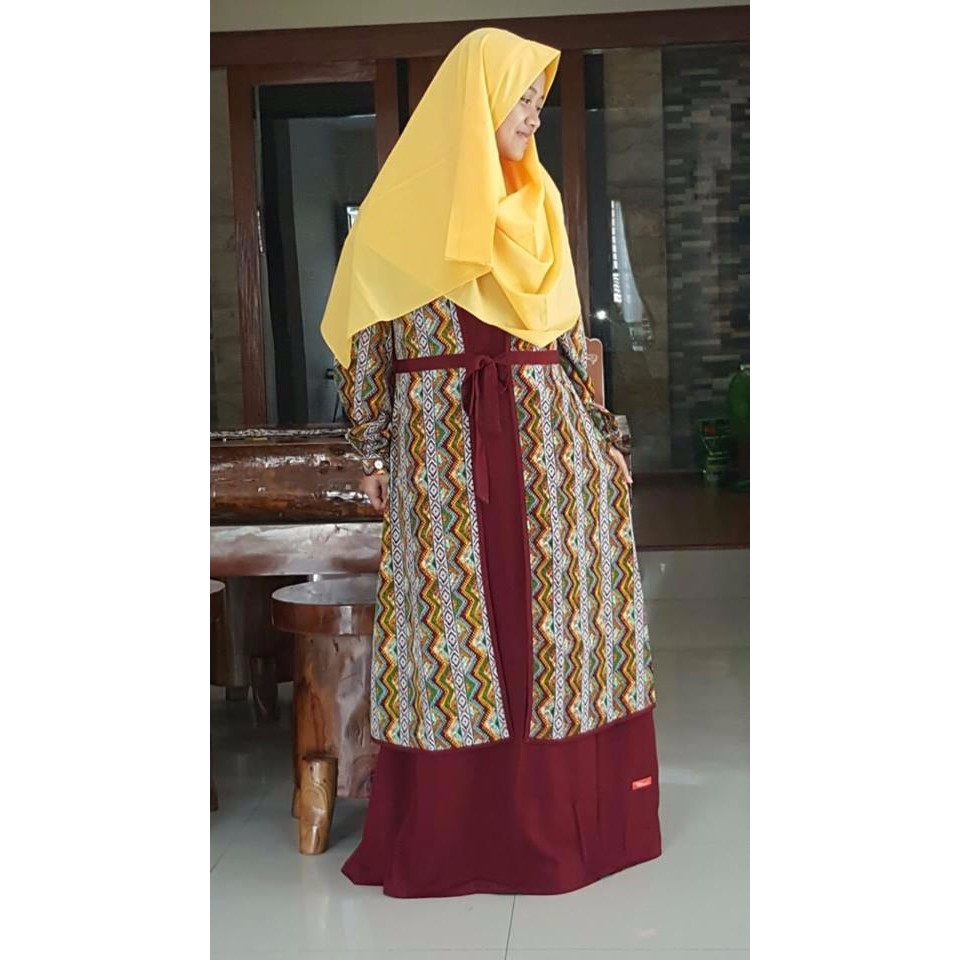 Baju gamis Wolfis Motif Etnik Vest Bergo Nempel Warna Hitam, Hijau Merah Maron polos NIBRAS NB 143