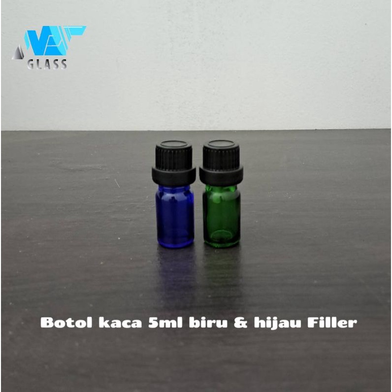 Botol kaca 5ml biru &amp; hijau tutup filler hitam / Botol Essential 5ml