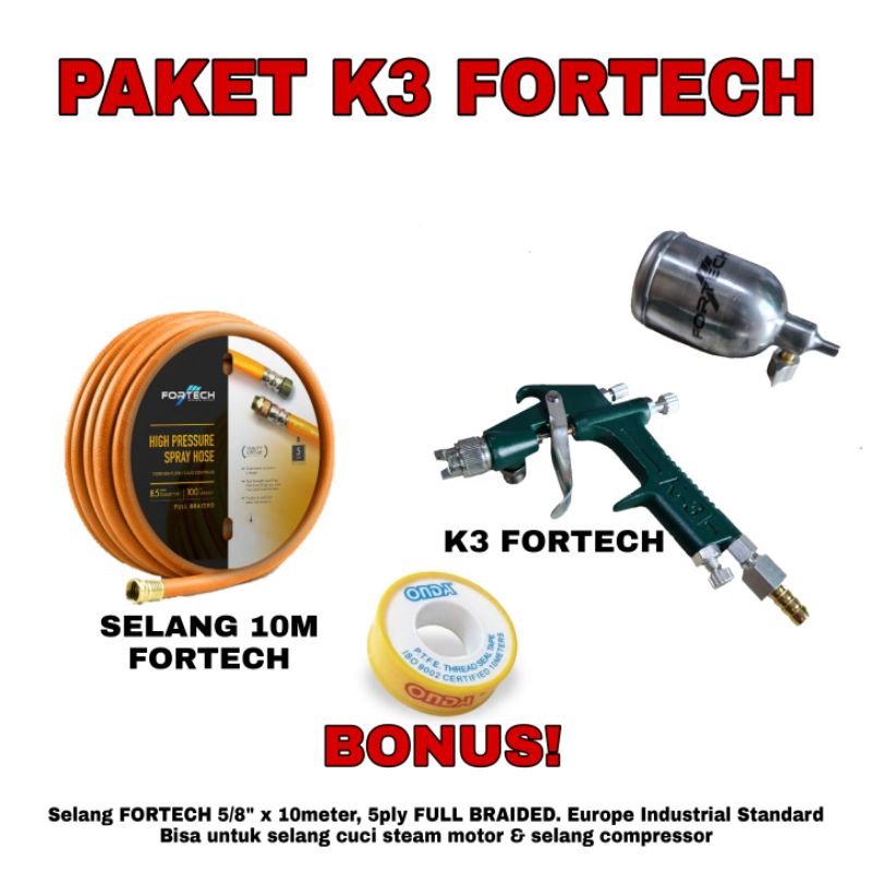 PAKET HEMAT K3 SPRAY GUN / SPRAYGUN PISTOL SEMPROT CAT FORTECH SPRAY HOSE / SELANG RECOIL PU 6 M