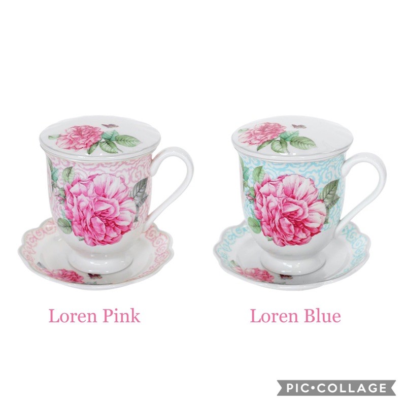 Ceramic Mug Set 3pcs Loren Saint St James cangkir dengan tutup tatakan