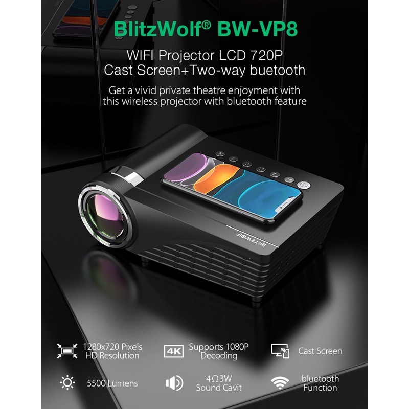 Blitzwolf bw vp8 projector 5500 lens bluetooth wifi putih