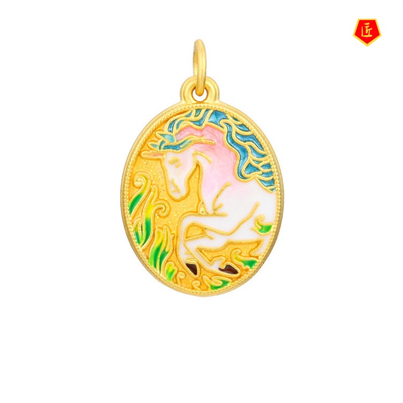 [Ready Stock]Ancient Style Burning Blue Unicorn Pendant 3D Gold Necklace New Fashion