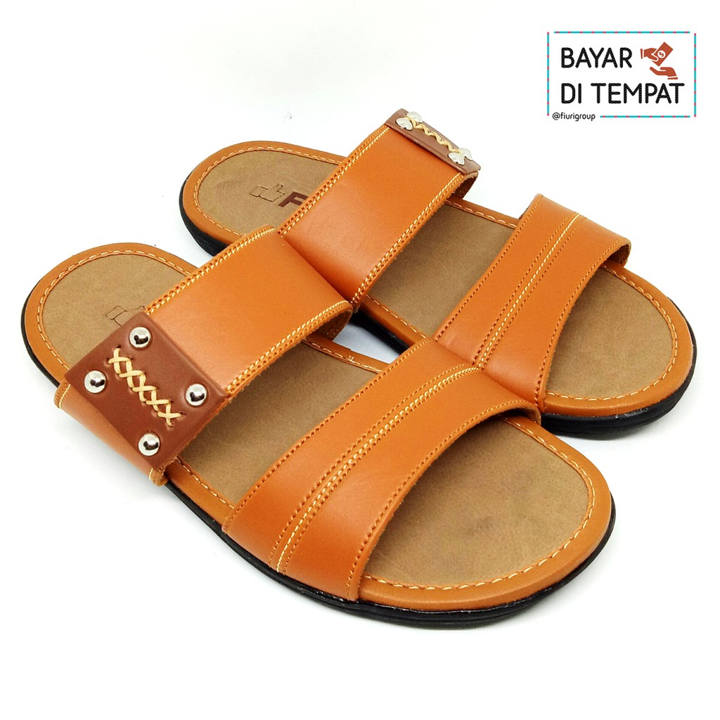 FIURI - Sandal Double Slip On Tan - Sandal Murah Pria - Sandal Casual - Sandal Pria Kulit