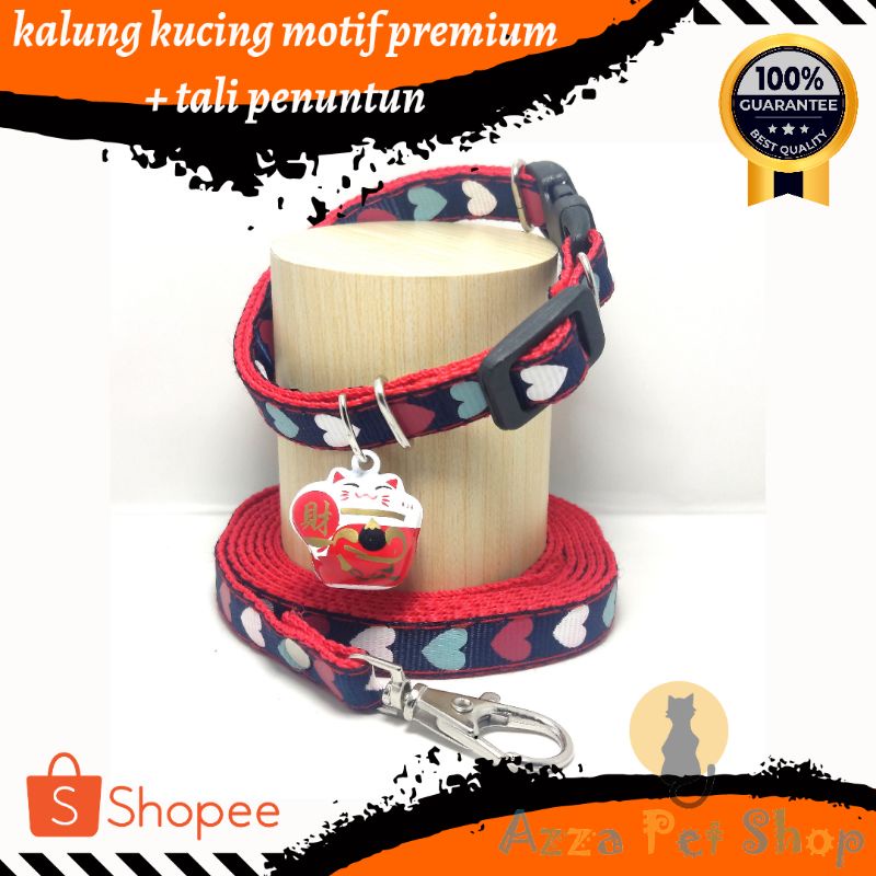 kalung kucing motif premium + tali penuntun / tali kalung kucing lonceng karaktet / tali penuntun