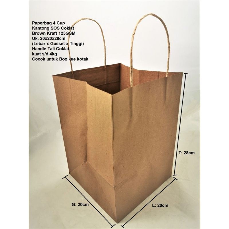 

10 PCS PAPER BAG SOS 4 CUP 20x20x28 cm TALI COKLAT /KANTONG KERTAS 20x20x28 cm SOS 4 CUP TALI