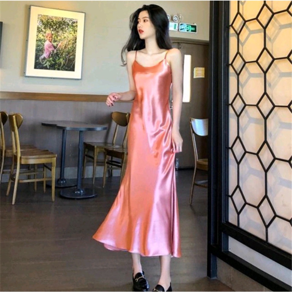 Long Dress Satin Wanita tali kecil korean outfit 903