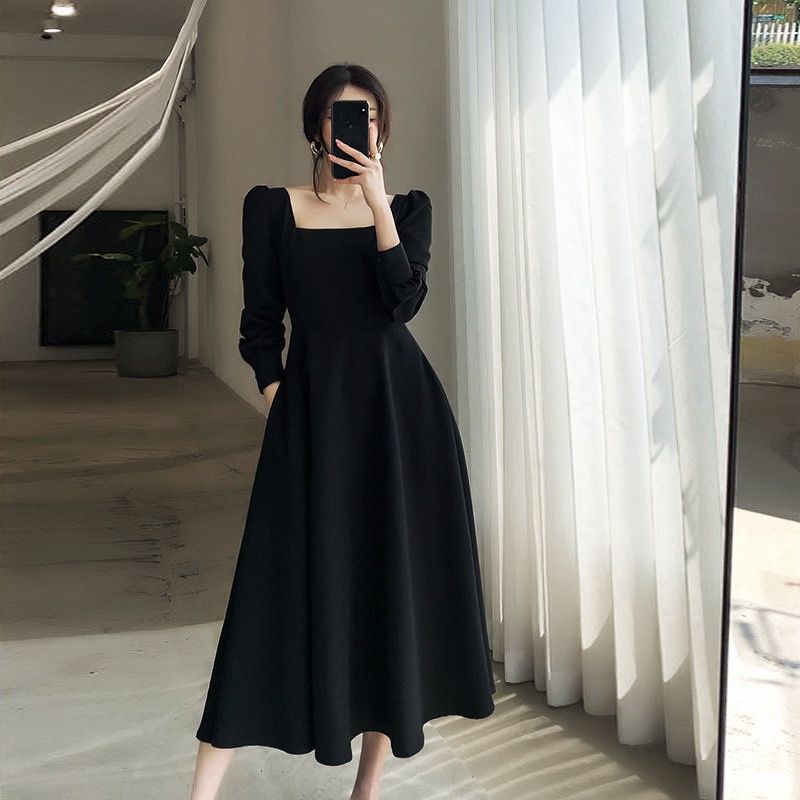 HITAGORA - Dress Polos Panjang Vintage Lengan Panjang Wanita Baju Pesta