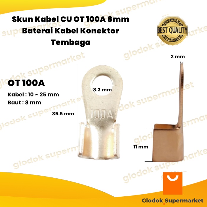 Skun Kabel CU OT 100A 8mm Baterai Kabel Konektor Tembaga