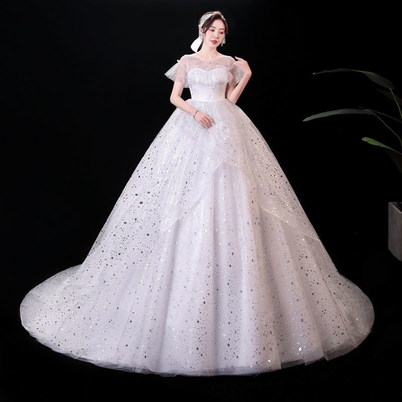 153 White Bling Bling Women Bridal Long Tail Wedding Party Gown Dress