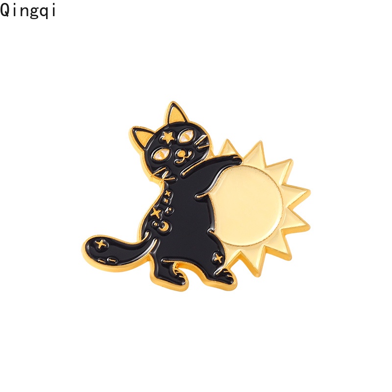 Bros Pin Enamel Bentuk Kucing Hitam Bulan Bintang Untuk Pakaian