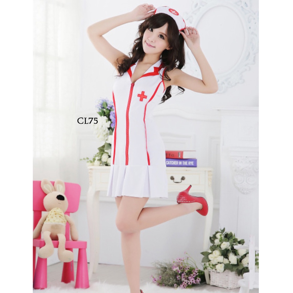 [PRODUK BARU] BAJU TIDUR SET LINGERIE SEXY BANDO TOPI G STRING COSPLAY SUSTER KOSTUM PERAWAT SEKSI CL75