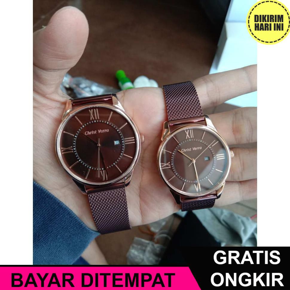 (BAYAR DITEMPAT) OE4496 JAM TANGAN CHRIST VERRA CV71151-49 COUPLE ROSEGOLD BROWN ORIGINAL
