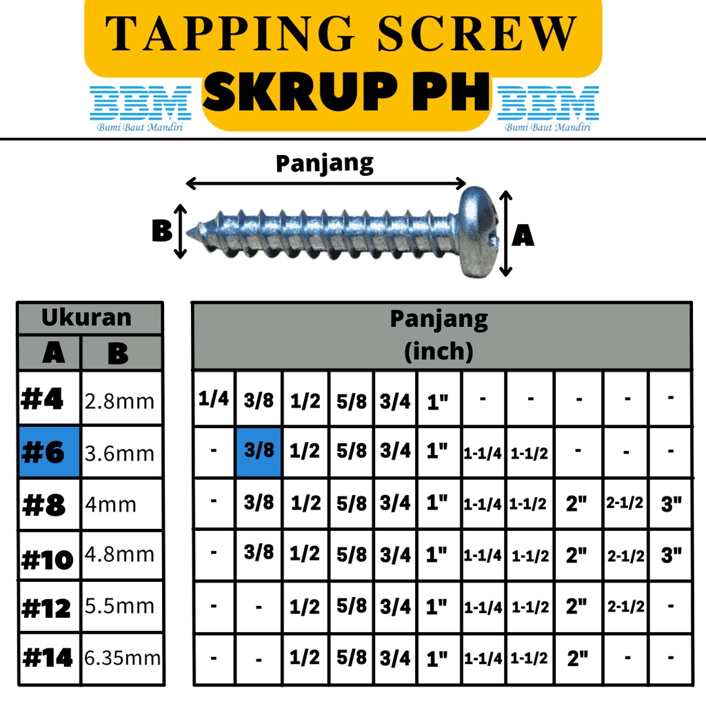 (100 PCS) Sekrup PH 6x3/8" / Self Tapping Screw PH 6 / Skrup PH 6x3/8"