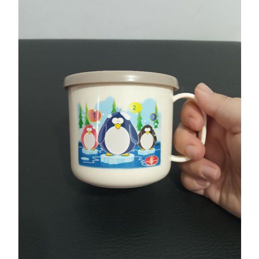 Baby Cup + tutup karakter anak/cangkir kecil/mug plastik anak/mug anti tumpah baby pinguin