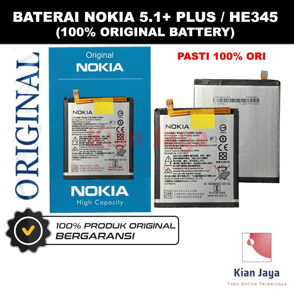 Baterai Original Nokia 5.1+ Plus / X5 / HE345 Batre Batrai Battery Hp 5.1 5,1 5,1+ 100% Ori