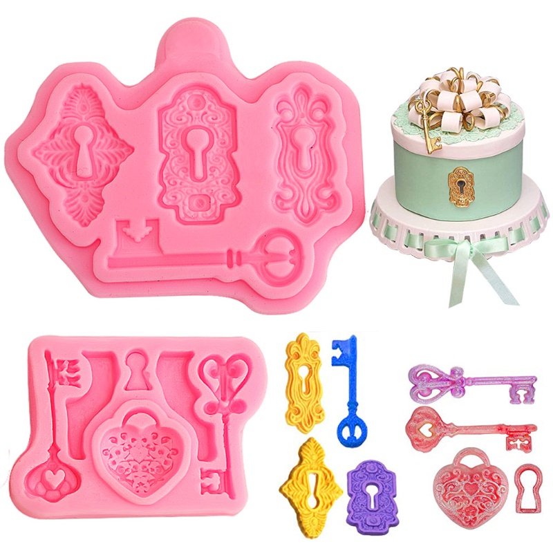 SIY  2Pcs Vintage Key Lock Cake Fondant Mold Kit Keyhole Silicone Mold for Cake Decor Sugarcraft Chocolate Epoxy Resin Craft