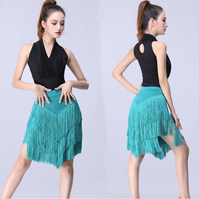 rok rumbai wanita line dance skirt dansa salsa kostum flare V PJ