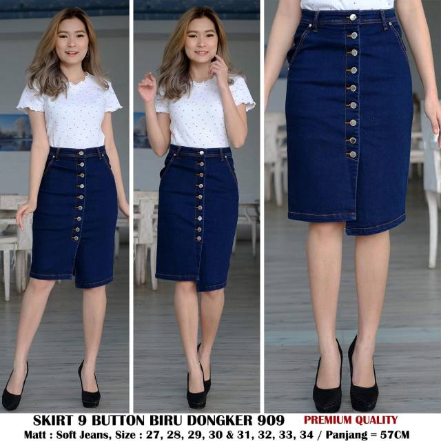 Rok Jeans Wanita Skirt 9 Button Biru Dongker 909 27/30
