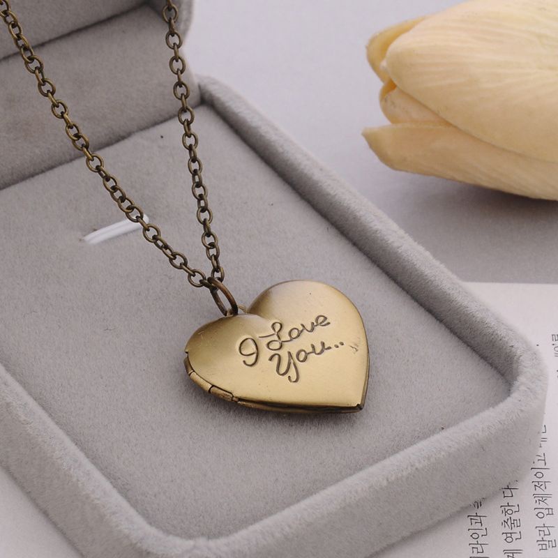 Glitter Customized Heart-Shape I Love You Engraved Locket Necklace DIY Photo Box Jewelry