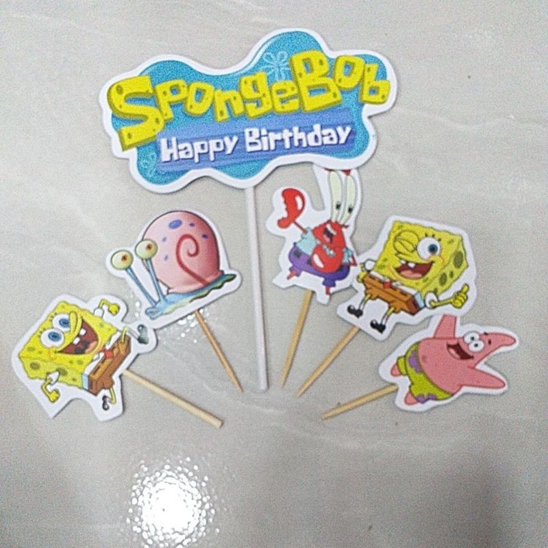 background hiasan kue ulang tahun stiker tusuk spongebob
