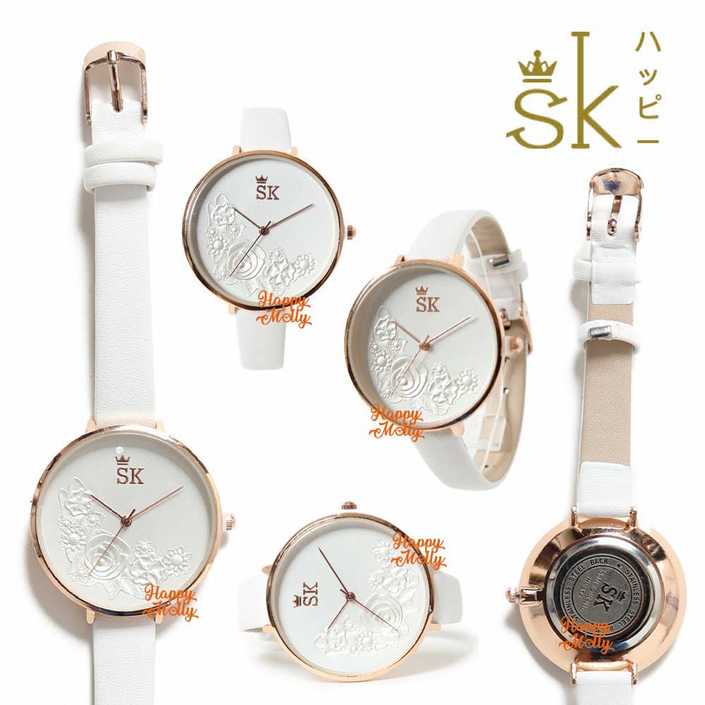 SK Mawar 3D [ Putih ] Jam Tangan Water Resistant Wanita Fashion Strap Leather - SK_814