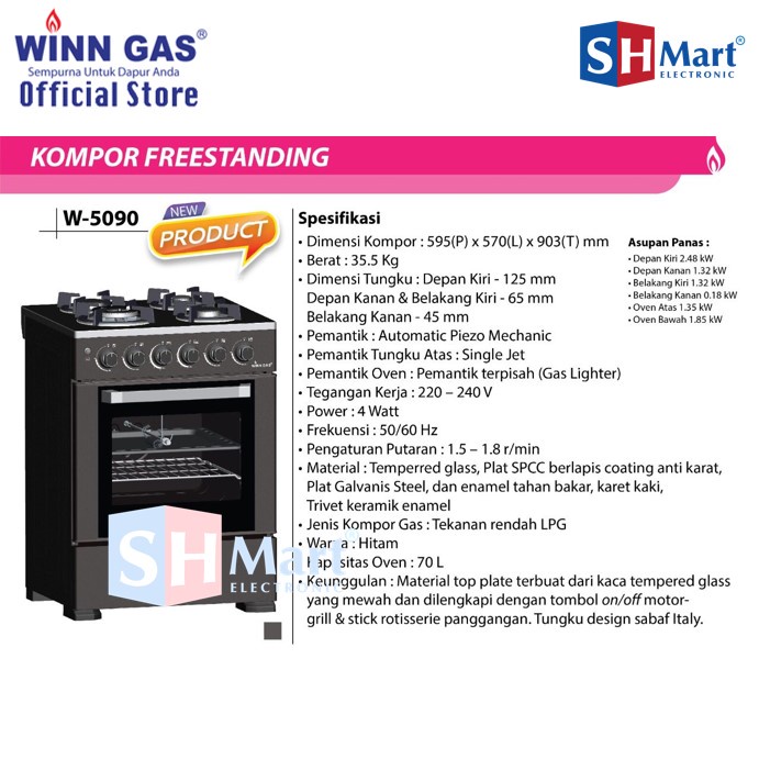 Winn Gas Kompor Freestanding + Oven Grill W5090A / W-5090A Kapasitas 70 Liter - Hitam