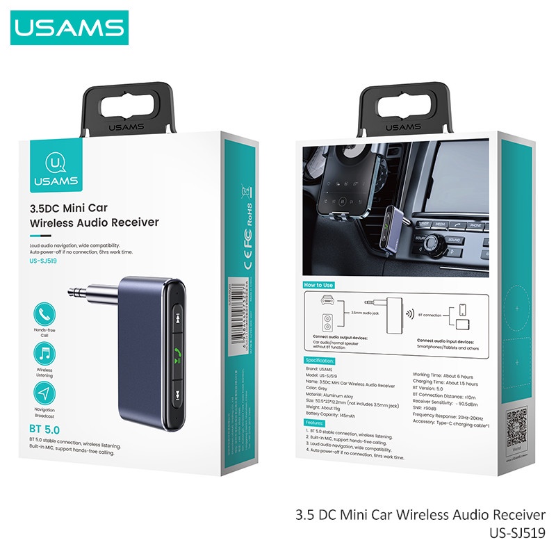 USAMS  Original SJ519 Car Bluetooth Receiver aksesoris mobil bluetooth mobil TYPE C 3.5mm Mini Wireless Audio Receiver