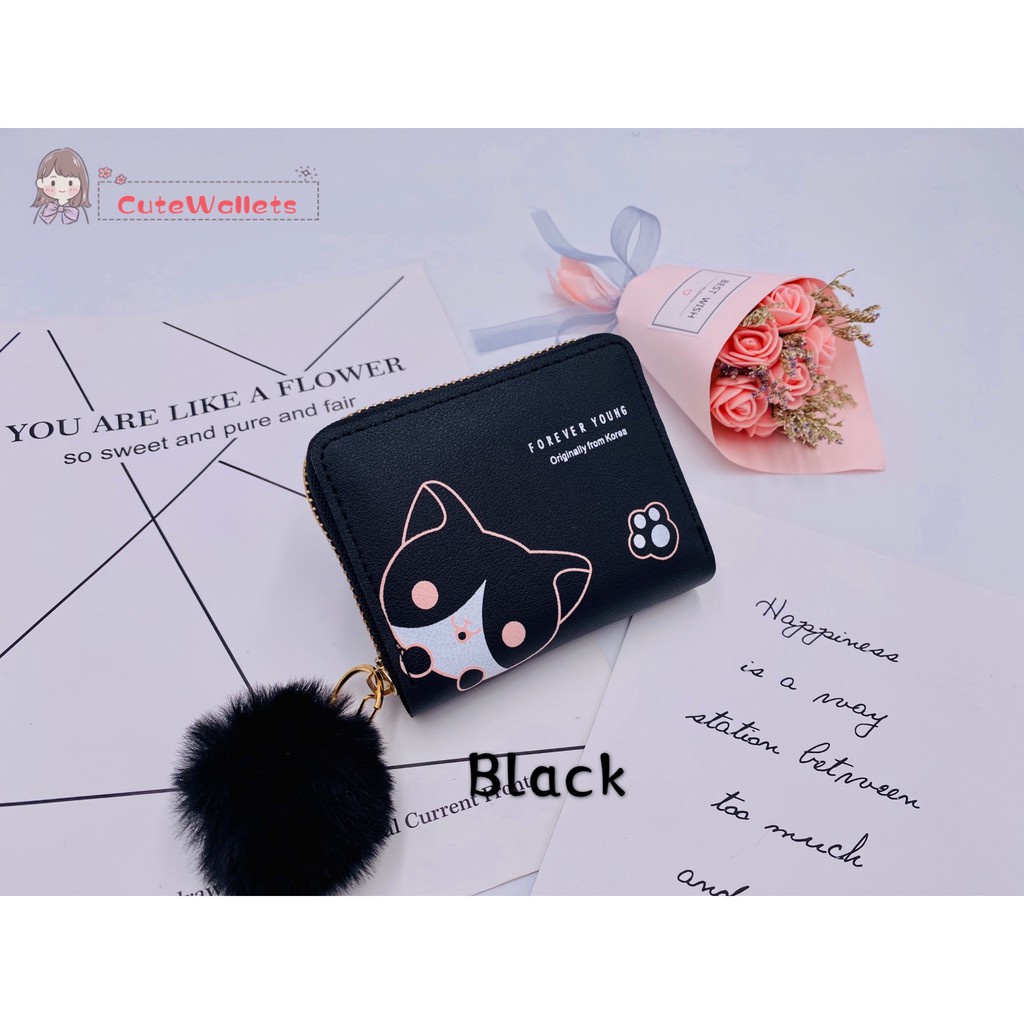 ( GS ) DOMPET WANITA / DOMPET LIPAT PENDEK WANITA MOTIF TUXEDO CAT FREE POMPOM