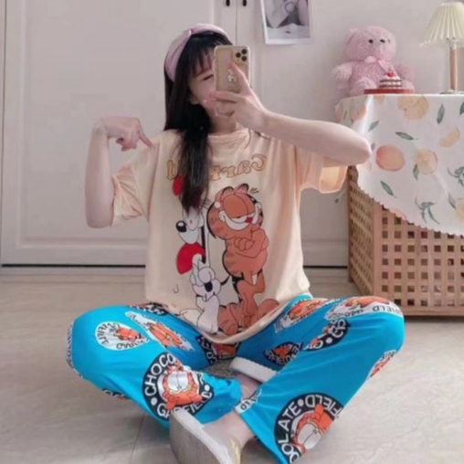 Piyama CP wanita baju tidur import jumbo/bigsize-CP GARF&ODI CREAMBLU