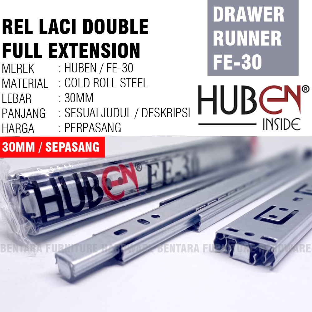 2 X HUBEN FE-30 300 MM (30 CM) REL LACI DOBEL TRACK BALL BEARING FULL EXTENSION EKONOMIS
