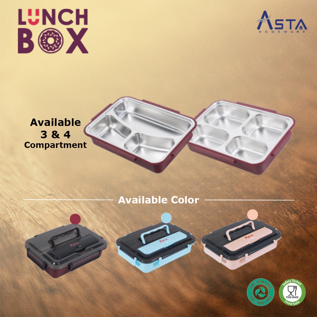 Lunch Box Set Stainless Steel 3 Sekat dan 4 Sekat Kotak Makan BPA Free Tahan Panas Free Sendok Garpu