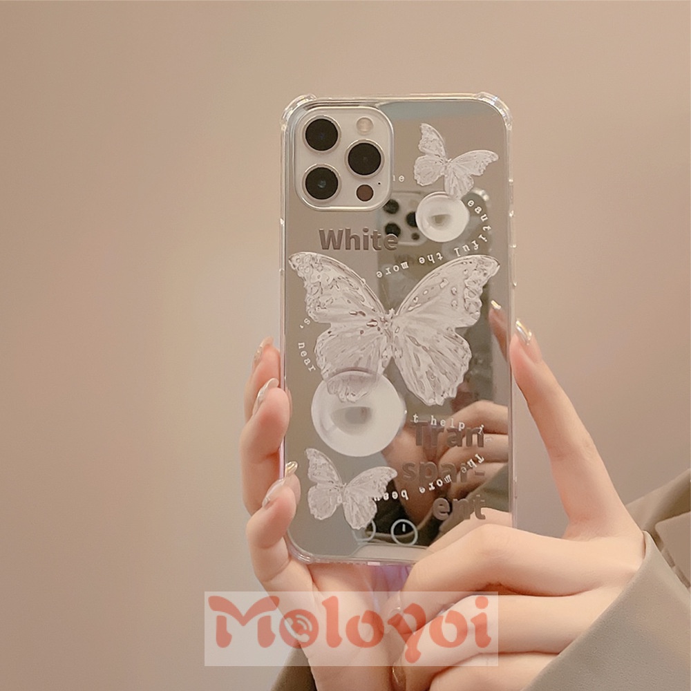 Soft Case TPU Desain Kupu-Kupu Putih Aksen Cermin Kristal Untuk IPhone 7Plus 11 12 13 Pro Max XR 8Plus X XS Max 7 8 SE 2020