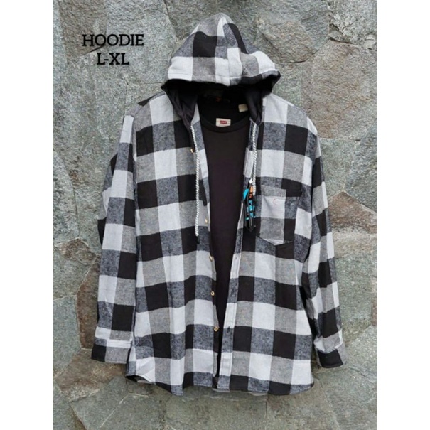 kemeja flanel hoodie unisex lengan panjang,flanel bertopi pria terlaris termurah