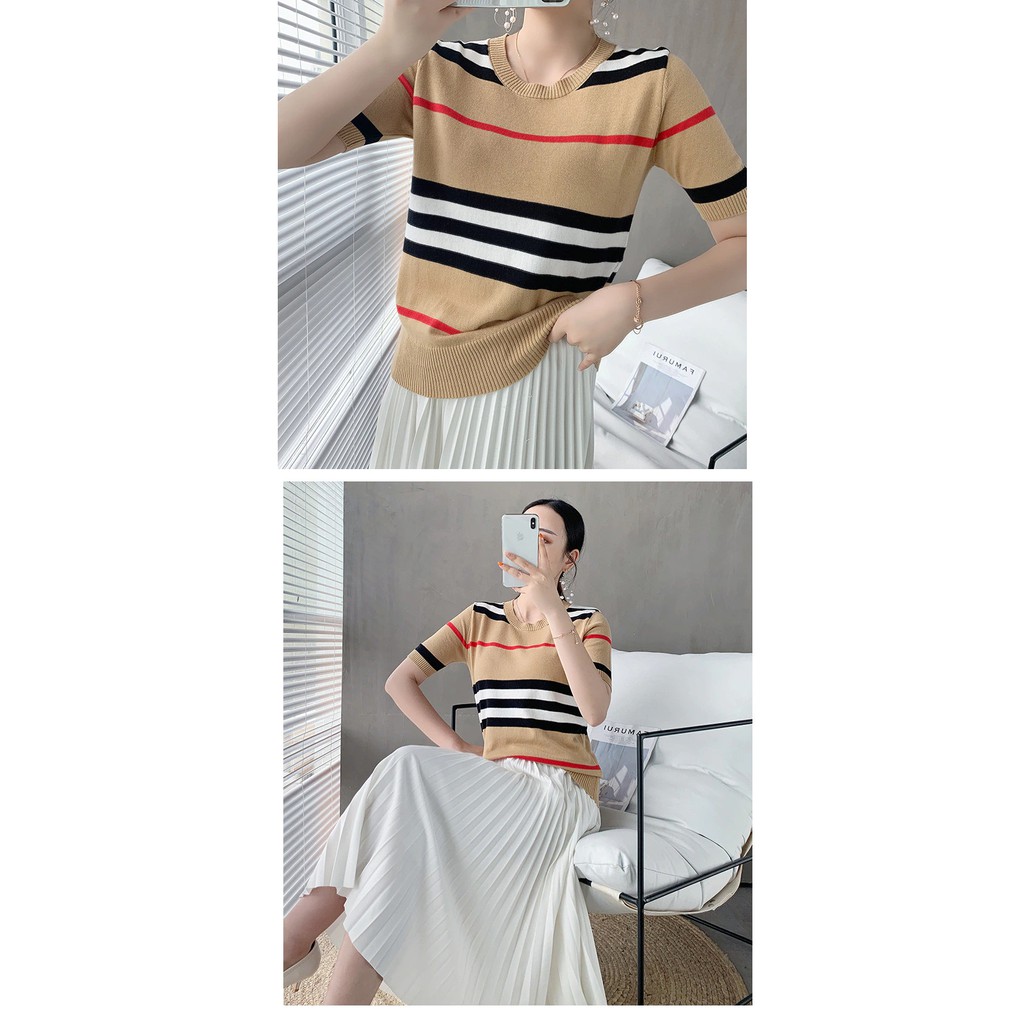 Atasan blouse korean style lengan pendek wanita bergaris kerah Bulat