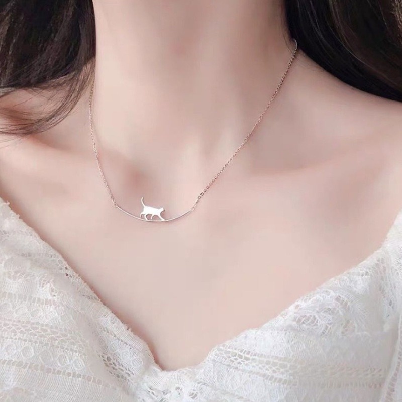 Kalung Choker Liontin Kucing Kecil Warna Silver Gaya Korea Untuk Wanita