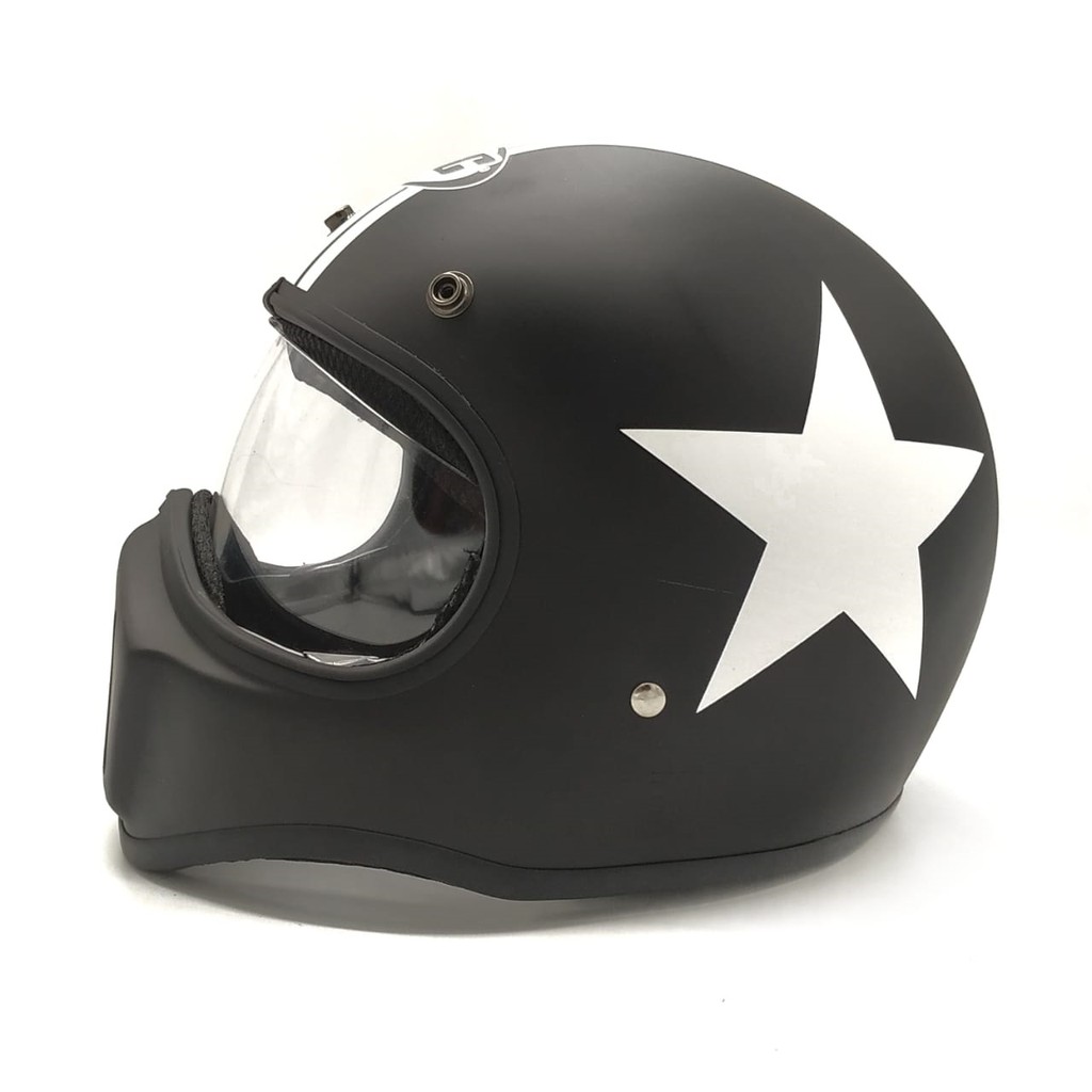 Helm Cakil HBC Black Star White + Inner Visor Chrome ( Fullface / Retro / Klasik / Vespa )