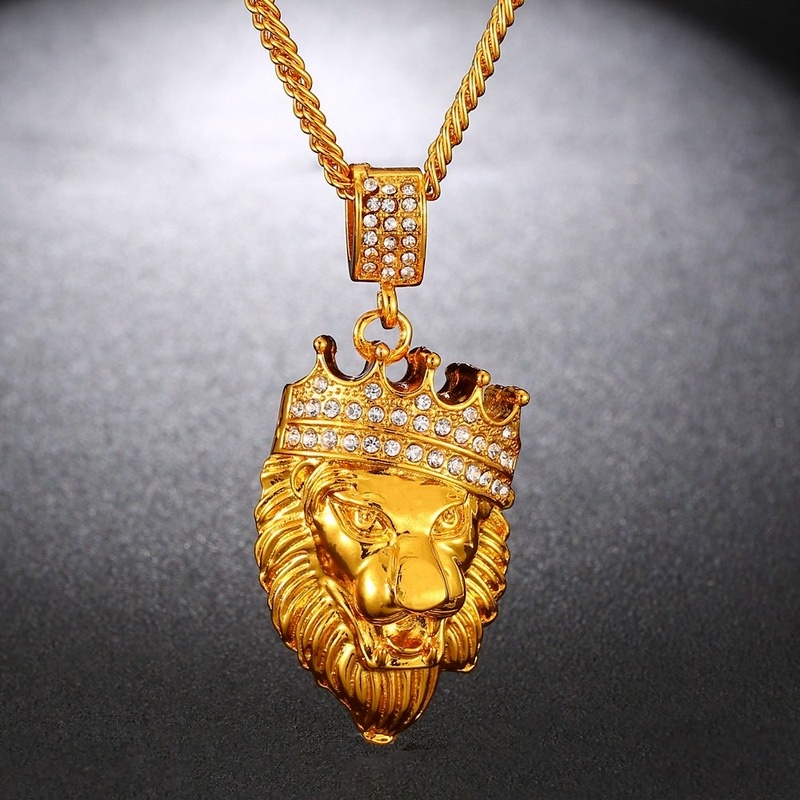 [Ready Stock]Fashion New Gold-Plated Diamond Crown Lion's Head Pendant Necklace