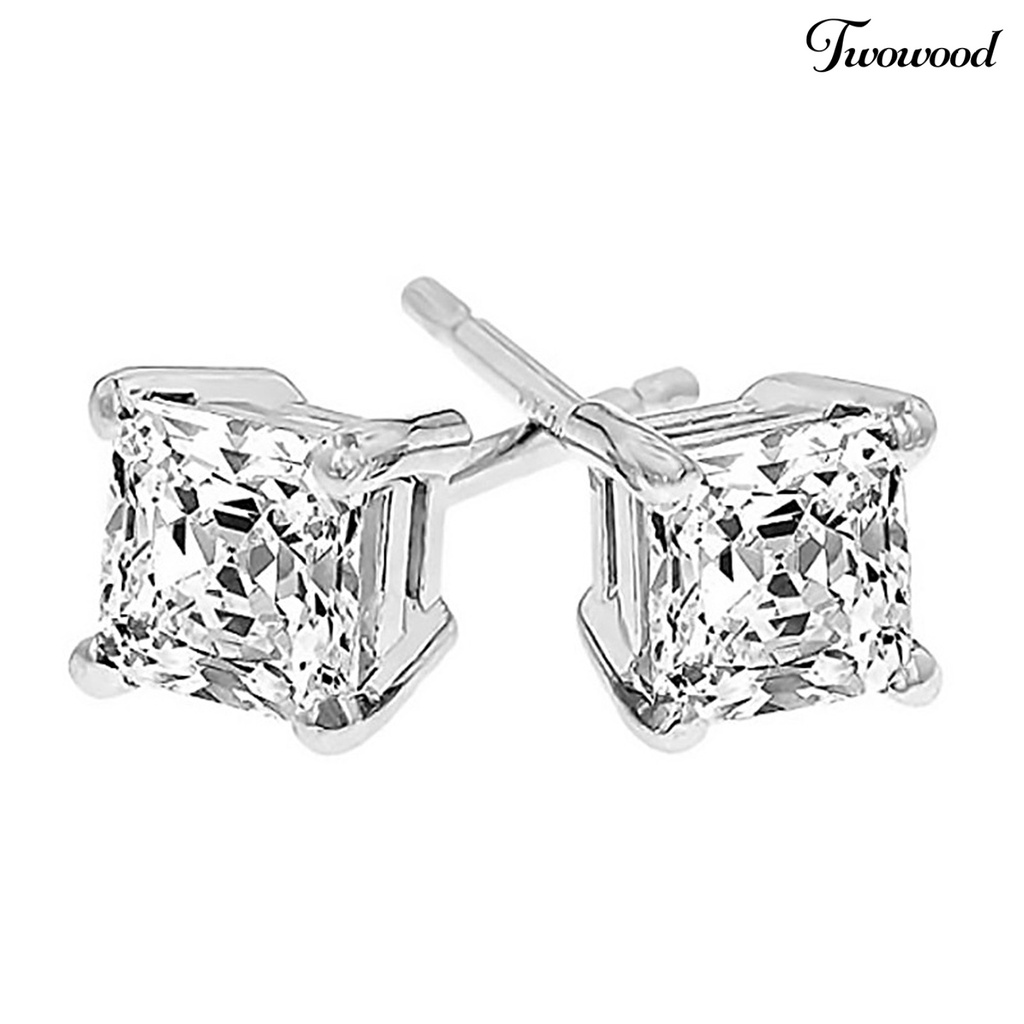 Twowood 1 Pair Exquisite Charming Women Earrings Plated Silver Square Cubic Zirconia Stud Earrings Jewelry Accessory