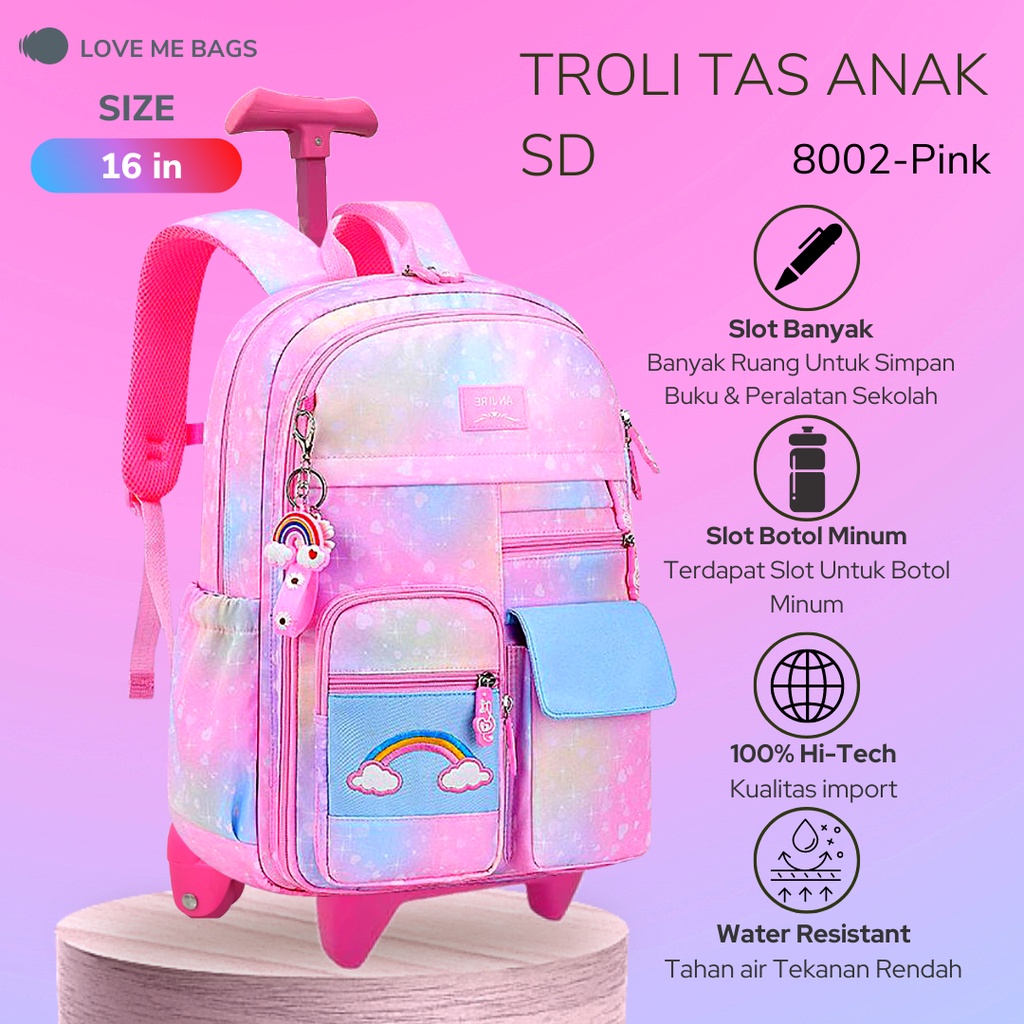 LMB Tas Troli Anak Sekolah Perempuan SD Remaja Rainbow Bahan Parasut Premium Import