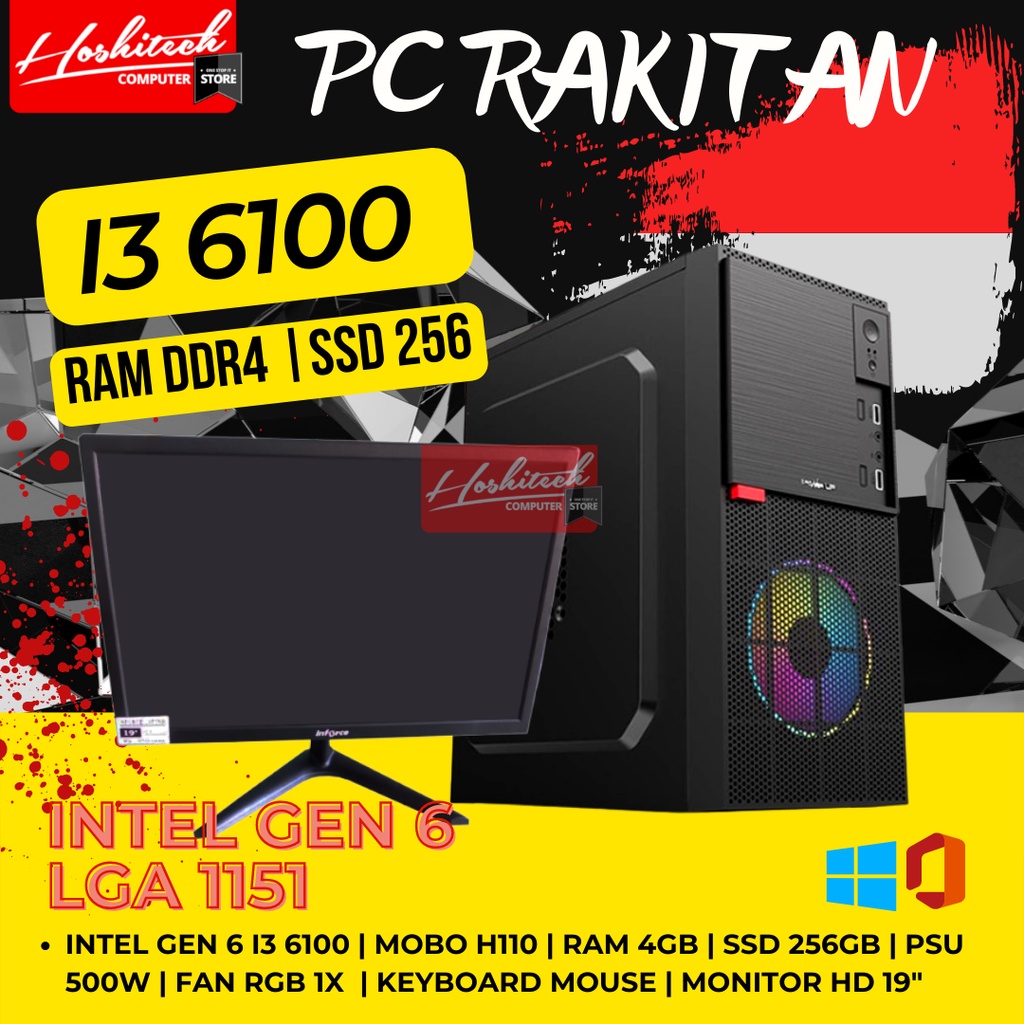 PC RAKITAN KANTOR SEKOLAH I3 DDR4 4GB SSD 256GB MONITOR 19 INCH