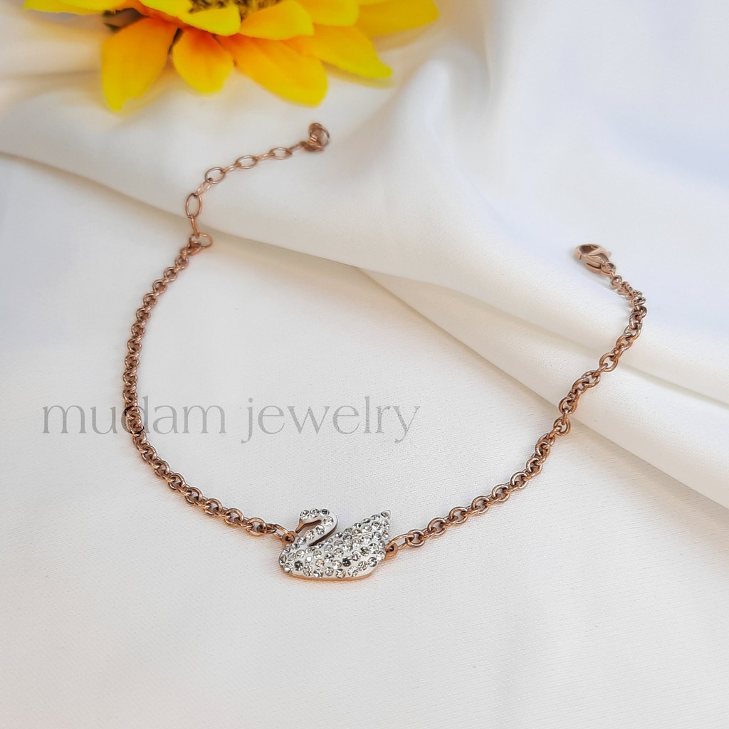 Gelang Rantai Titanium Angsa Putih Zirkon Artifisial Tersedia Warna Rosegold, Gold dan Silver