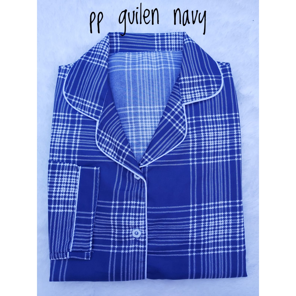 BJ - Piyama PP Wanita kotak / Baju tidur lengan panjang Katun Premium-GUILEN NAVY