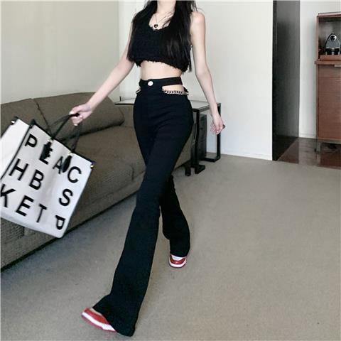 Red Celana Jeans Hitam Tinggi Pinggang Hollow untuk Wanita Musim Panas 2022 Baru Slim Lurus Micro Flaed Celana Celana