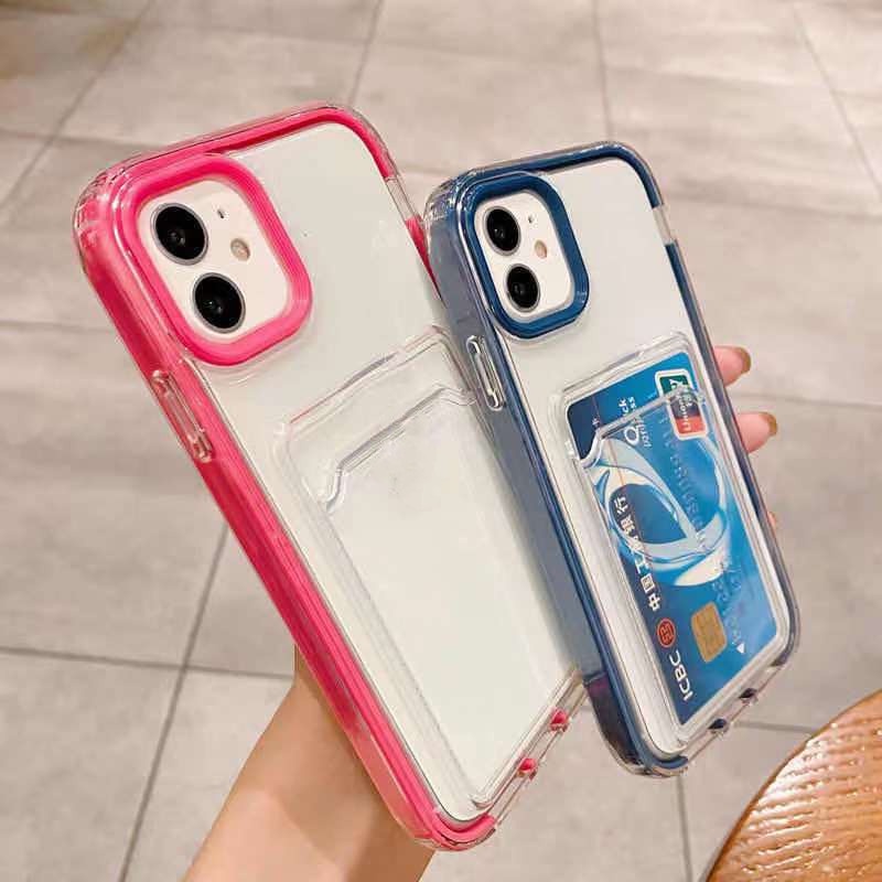 IPHONE Casing Ponsel 3in1 Warna Permen Kompatibel Dengan Iphone14 11 12 13 Pro Max XR XS Max X7 8 6s 6 Plus 14Plus SE Casing Ponsel Slot Kartu Armor Mewah Transparan Tahan Guncangan