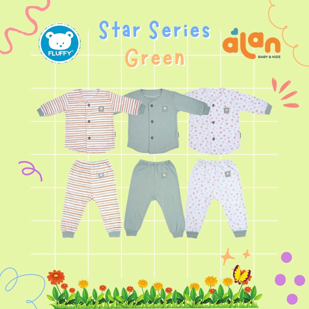 Fluffy Stelan Kancing Depan Lengan Panjang Celana Panjang isi 3 - Star Series Green (FY-SBJJ)